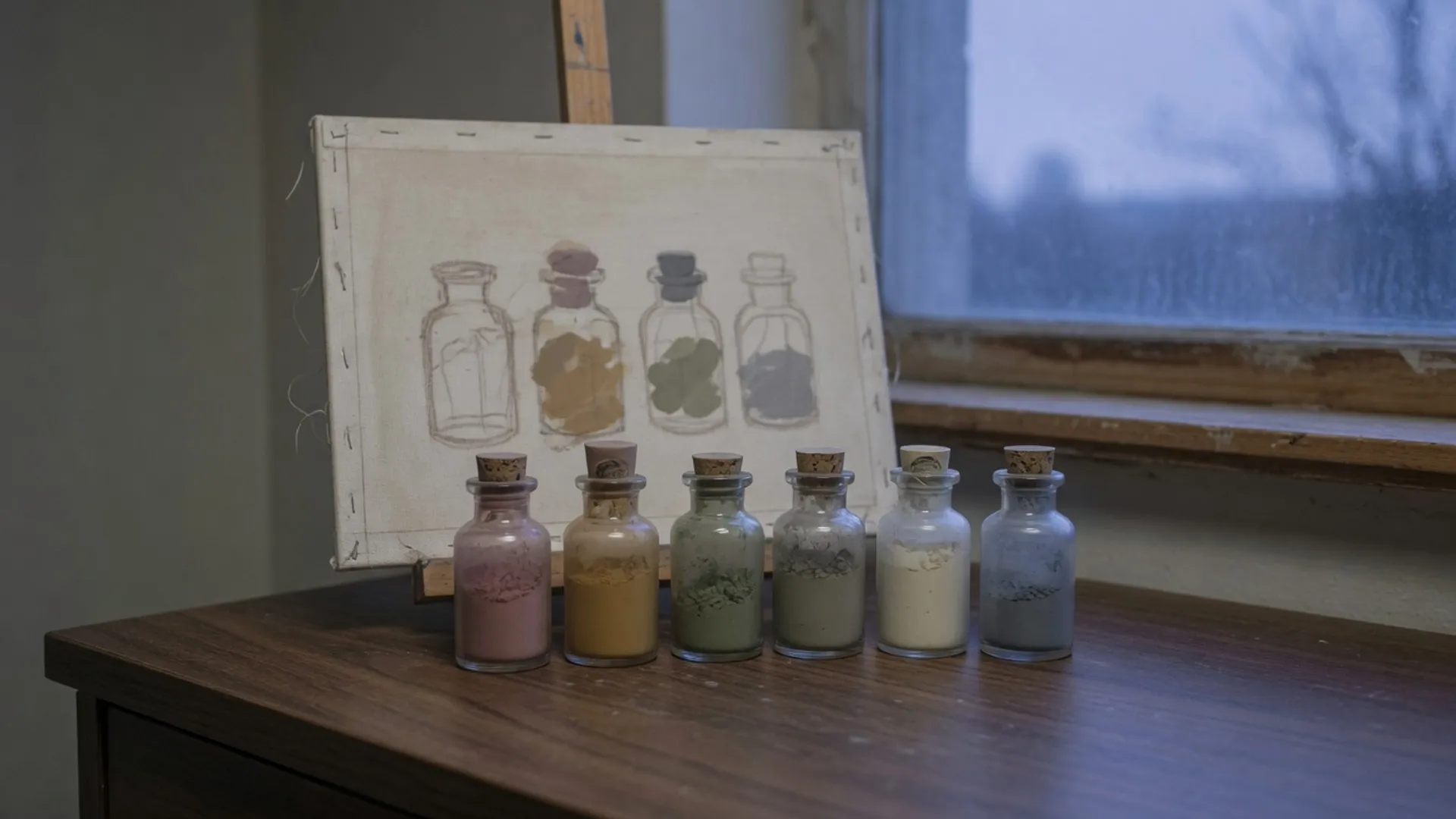 Six corked pigment vials in front of a sketched still life, by a blue-hour window