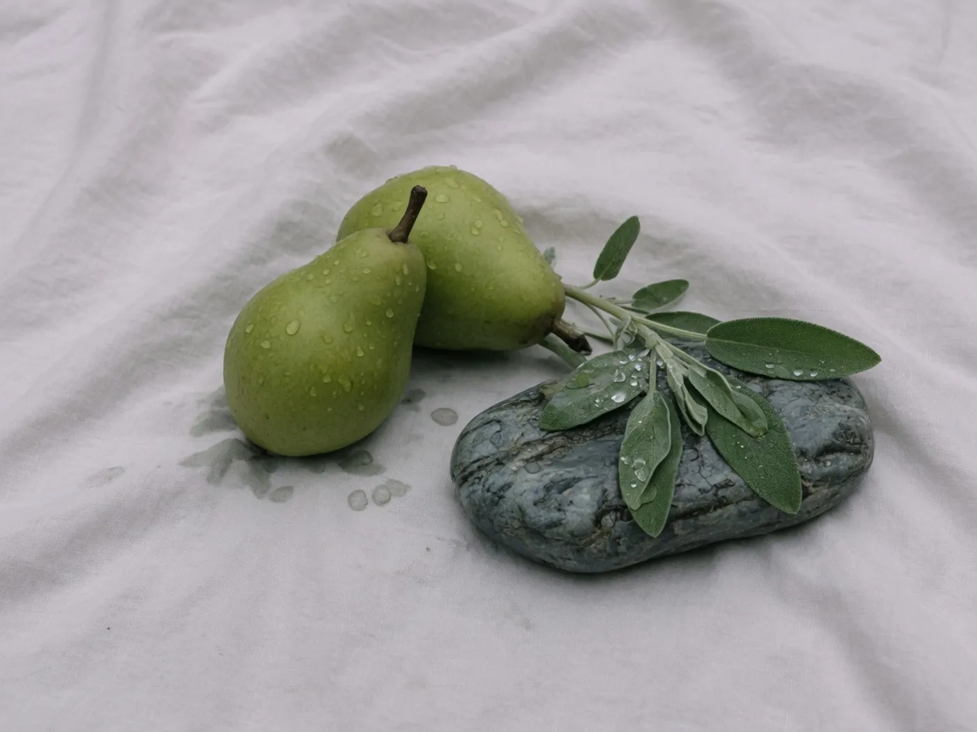 Two wet pears, sage leaves, and a river stone on pale linen