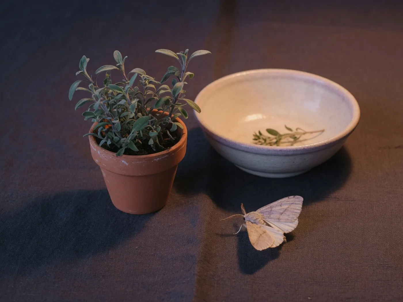 A small herb pot, a ceramic bowl, and a moth on dark linen