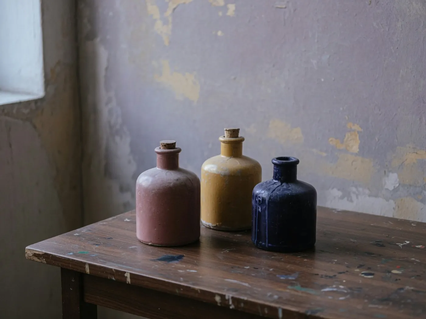 Three squat pigment bottles on a painter’s walnut table