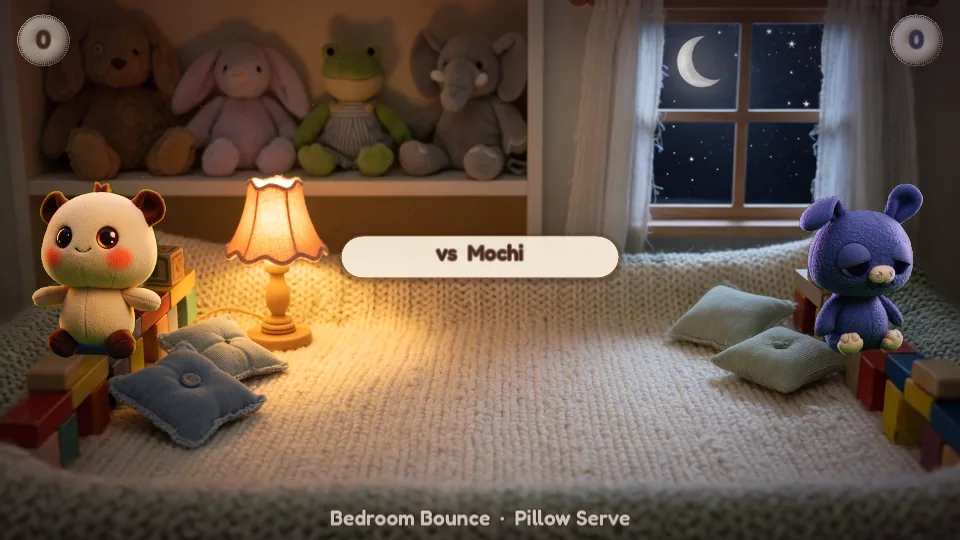 Pip facing Mochi in the Bedroom Bounce arena