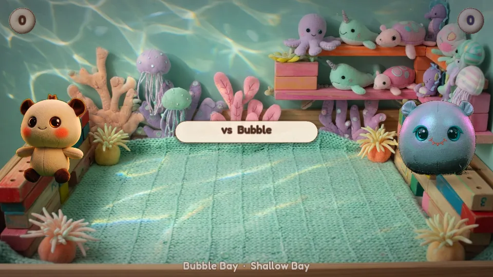 Pip facing Bubble in the Bubble Bay arena