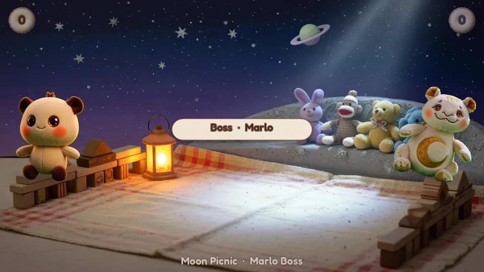 Pip facing boss character Marlo in the Moon Picnic arena