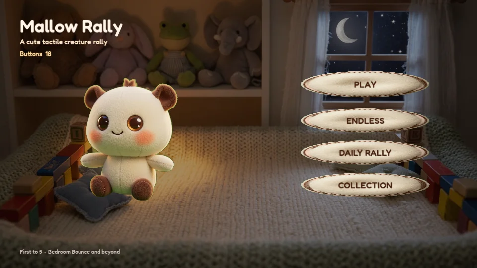 Current Mallow Rally title screen showing Pip in a warm plush bedroom