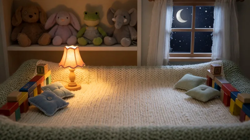 A warm plush bedroom rally arena lit by a bedside lamp and moonlight