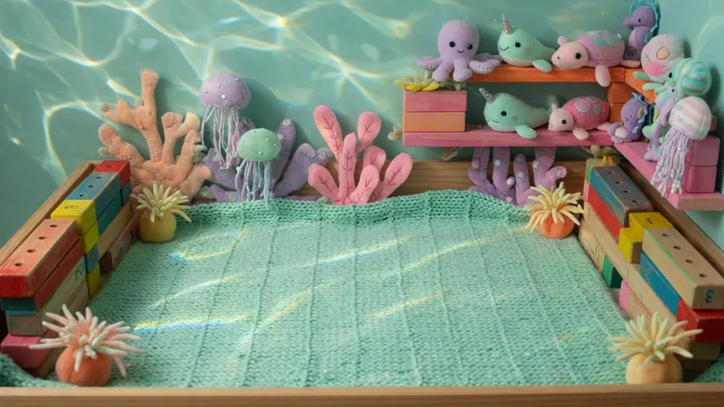 An underwater plush rally arena with coral, felt sea life, and blocks
