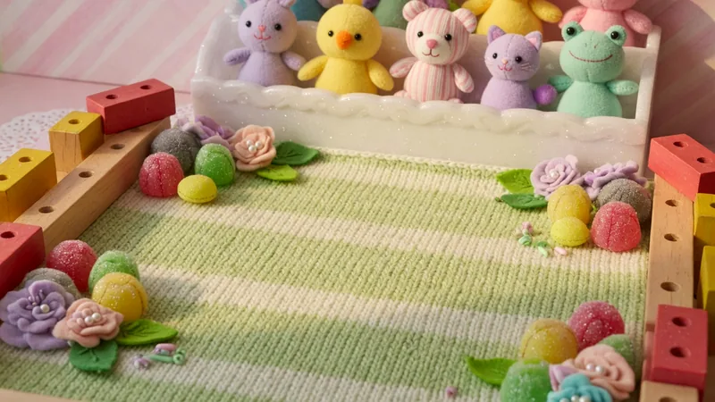 A pastel candy garden rally arena with gumdrops and knitted grass