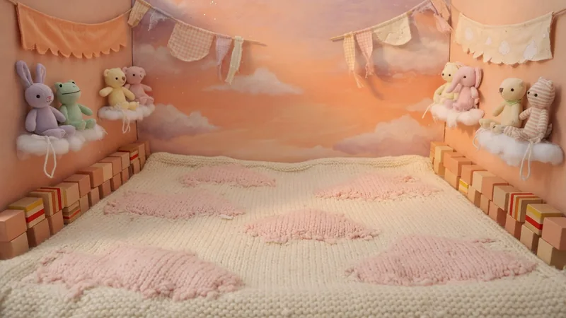 A peach sunset cloud loft prepared as a soft toy rally arena