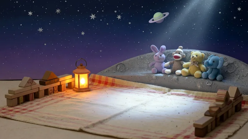 A moonlit picnic rally arena under stars with a glowing lantern